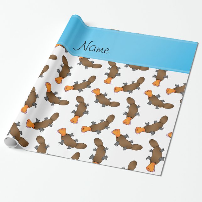 Personalised name white platypus pattern wrapping paper (Unrolled)