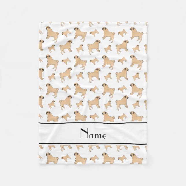 Personalised name white Pug dogs Fleece Blanket (Front)