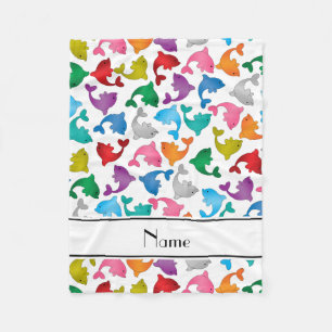Personalised name white rainbow dolphins fleece blanket
