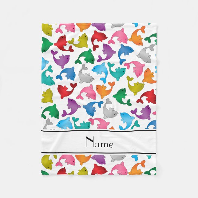 Personalised name white rainbow dolphins fleece blanket (Front)