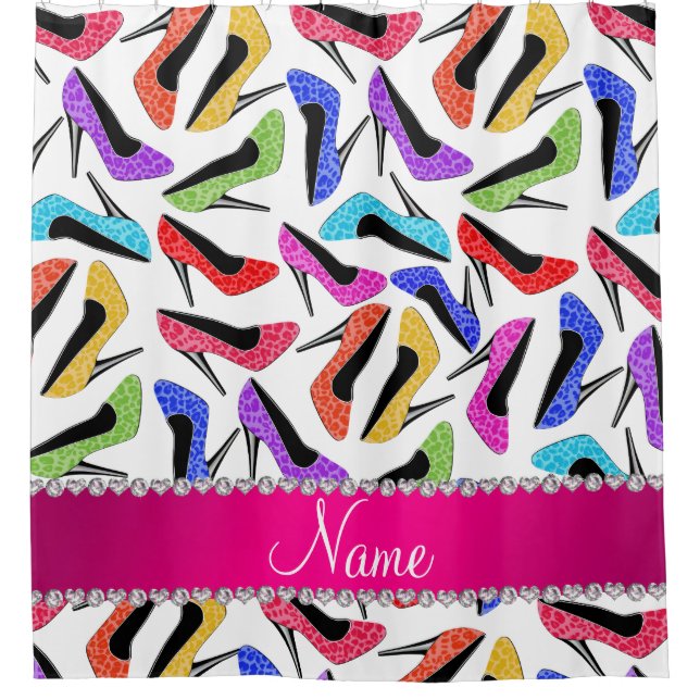 Personalised name white rainbow leopard high heels shower curtain (Front)