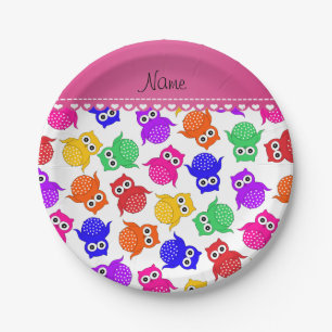 Personalised name white rainbow owls paper plate