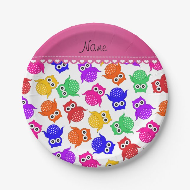 Personalised name white rainbow owls paper plate (Front)