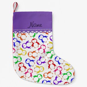 Personalised name white rainbow penguins small christmas stocking