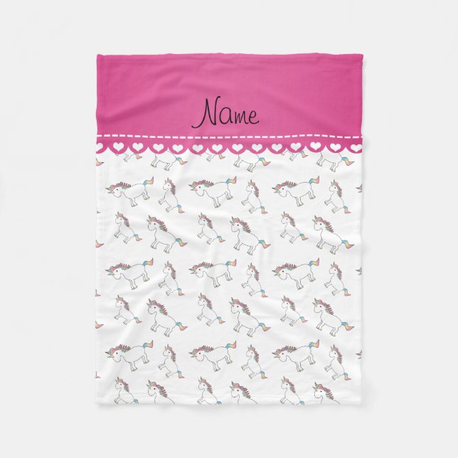 Personalised name white rainbow unicorns fleece blanket (Front)