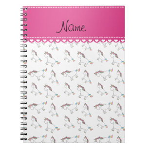Personalised name white rainbow unicorns notebook