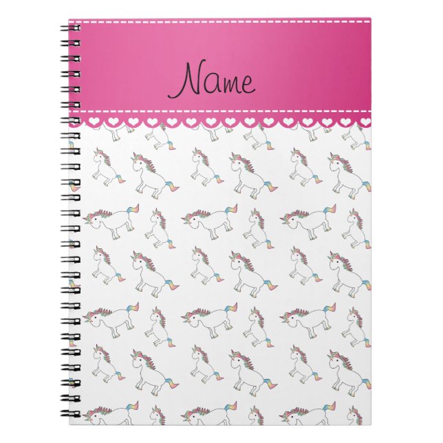 Personalised name white rainbow unicorns notebook (Front)