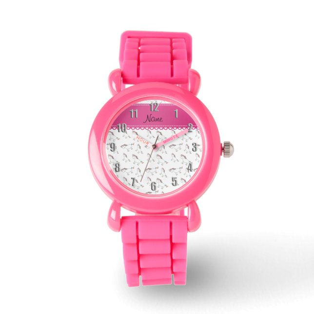 Personalised name white rainbow unicorns watch (Front)