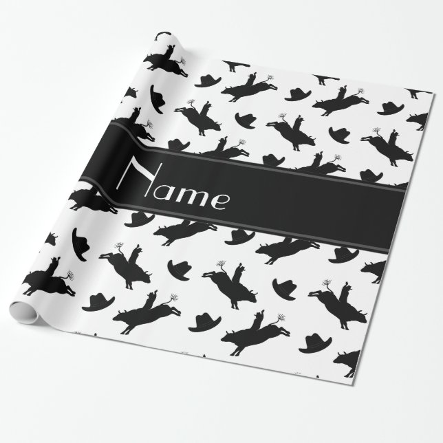 Personalised name white rodeo bull riding pattern wrapping paper (Unrolled)