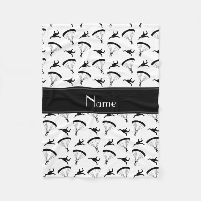 Personalised name white skydiving pattern fleece blanket (Front)