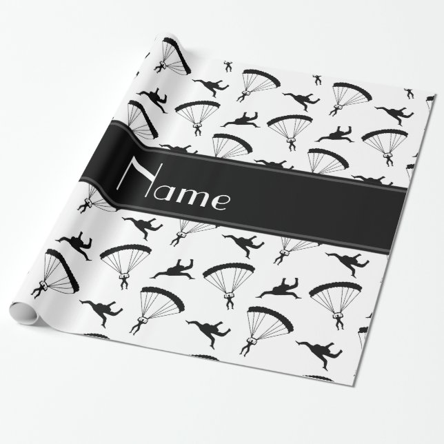 Personalised name white skydiving pattern wrapping paper (Unrolled)
