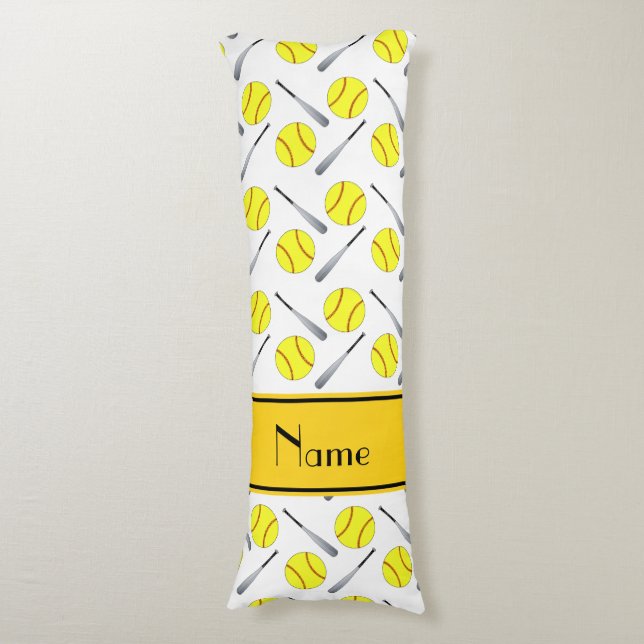 Personalised name white softball pattern body cushion (Front Vertical)
