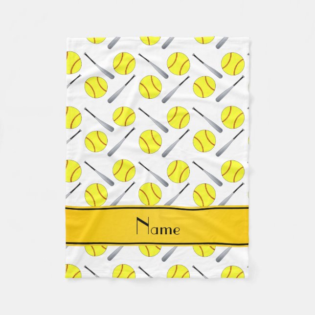 Personalised name white softball pattern fleece blanket (Front)