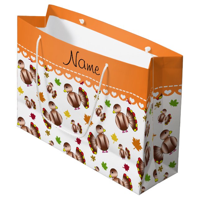 Personalised name white turkey's leaves large gift bag (Front Angled)