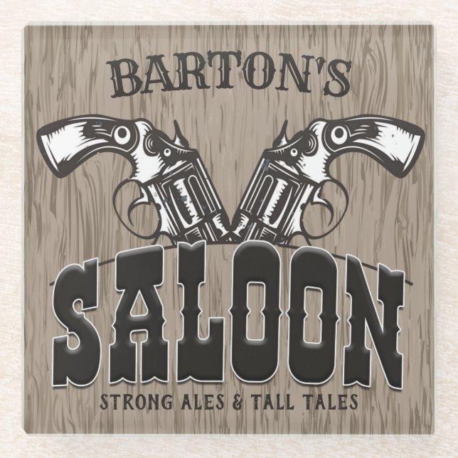 Personalised NAME Wild West Gun Revolver Saloon Glass Coaster (Front)
