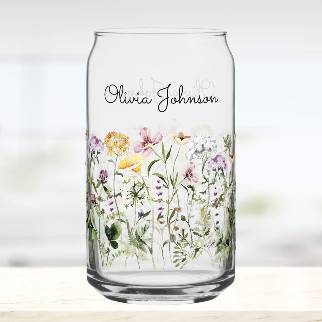Personalised Name Wildflower Garden Can Glass (In situ)