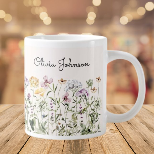 Personalised Name Wildflower Garden Large Coffee Mug (Close up, On the table)