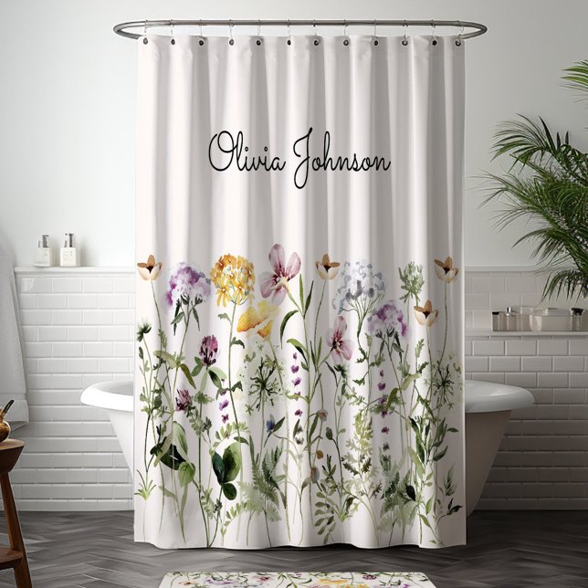 Personalised Name Wildflower Garden Shower Curtain (In situ bathroom)