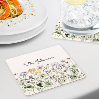 Personalised Name Wildflower Garden Square Paper Coaster