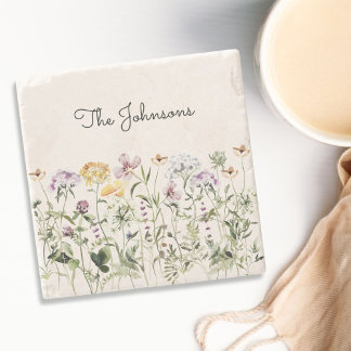 Personalised Name Wildflower Garden Stone Coaster