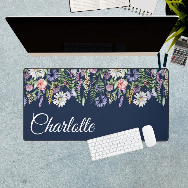 Personalised Name Wildflowers Navy Blue Desk Mat (Personalized Name Wildflowers Navy Blue Desk Mat
)
