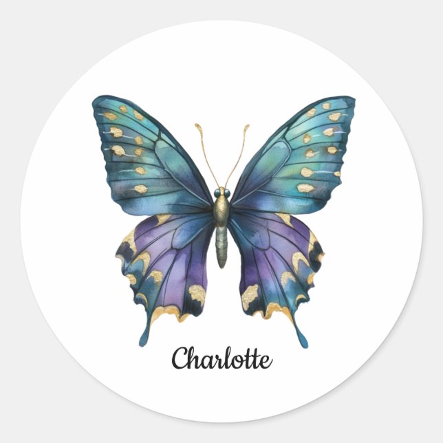 Personalised Name with Blue Butterfly Classic Roun Round Sticker (Front)
