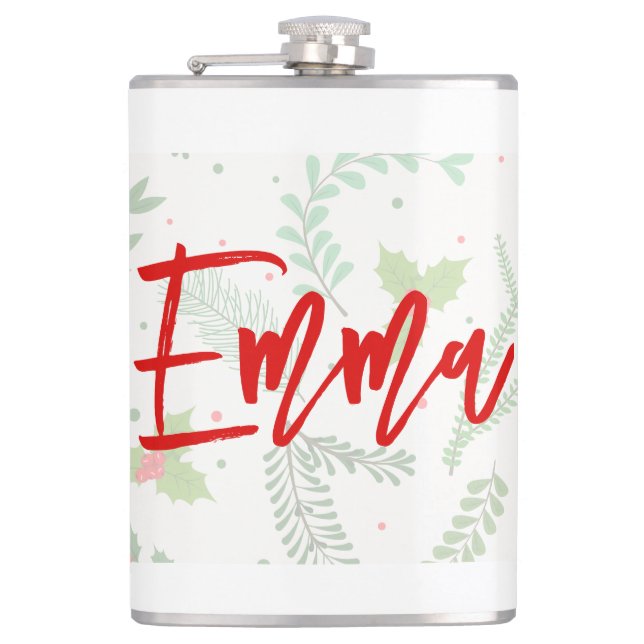 Personalised name with Christmas pattern Hip Flask (Front)
