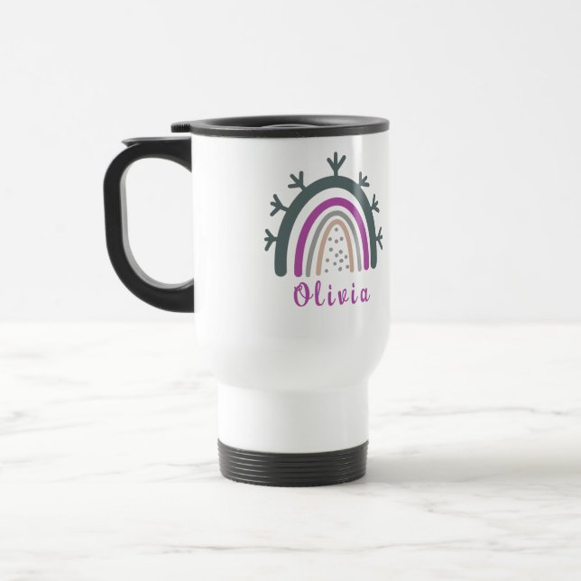 Personalised Name with Cute Boho Rainbow   Travel Mug (Left)