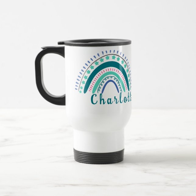 Personalised Name with Modern Boho Rainbow  Travel Mug (Left)