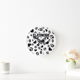 Personalised Name with Paw Print Design  Round Clock