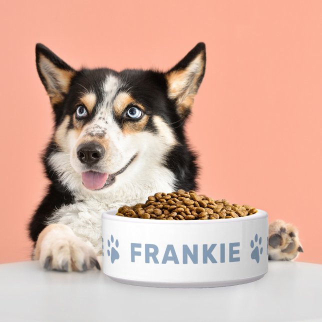 Personalised Name with Slate Blue Paw Prints Pet Bowl (Creator Uploaded)