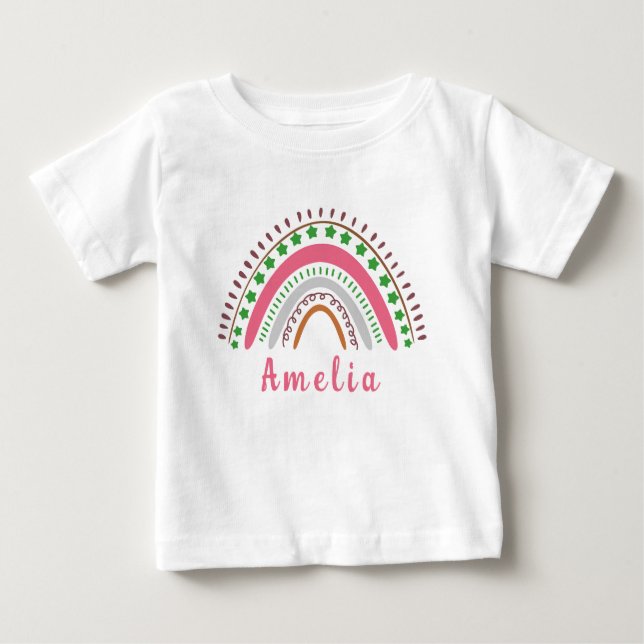 Personalised Name with Whimsical Boho Rainbow  Baby T-Shirt (Front)