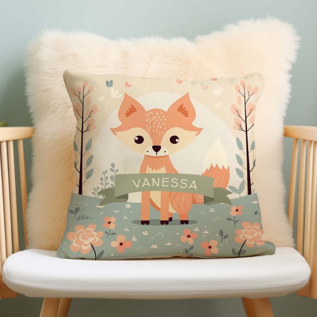 Personalised Name Woodland Fox, Baby Girl Nursery Cushion (Woodland fox, baby girl nursery decor.)