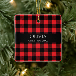 Personalised Name Year Buffalo Plaid Ceramic Ornament