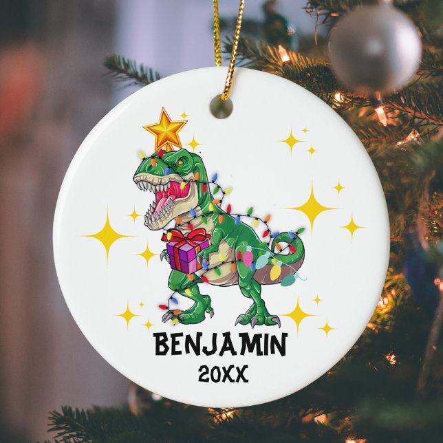Personalised Name Year Dinosaur Christmas Boy Ceramic Tree Decoration (Creator Uploaded)