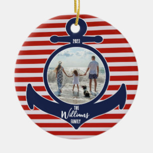 Personalised Name & Year Red White & Blue Anchor Ceramic Tree Decoration