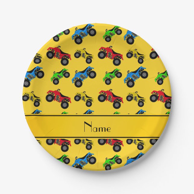 Personalised name yellow atv pattern paper plate (Front)