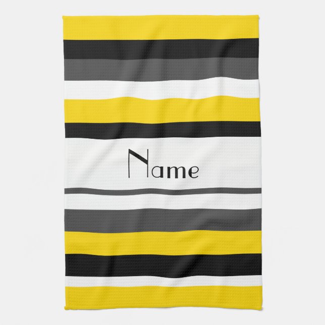 Personalised name yellow black grey white stripes tea towel (Vertical)