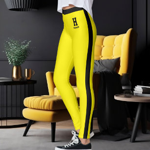 Personalised Name Yellow Black Monogram Stripes Leggings