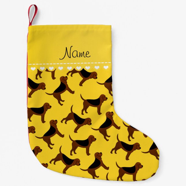 Personalised name yellow bloodhound dogs small christmas stocking (Front)