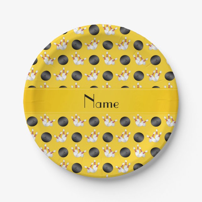 Personalised name yellow bowling pattern paper plate (Front)