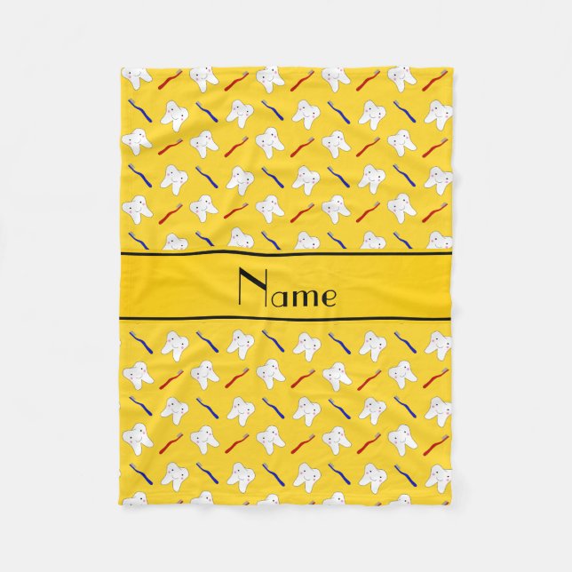 Personalised name yellow brushes and tooth pattern fleece blanket (Front)