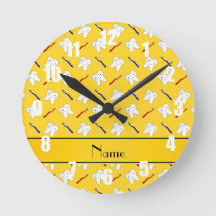 Personalised name yellow brushes and tooth pattern round clock