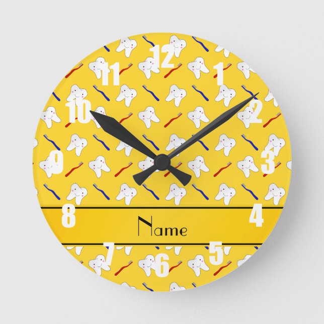 Personalised name yellow brushes and tooth pattern round clock (Front)