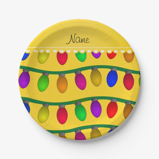 Personalised name yellow christmas lights paper plate (Front)