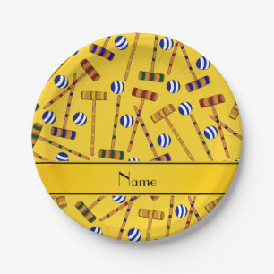 Personalised name yellow croquet pattern paper plate