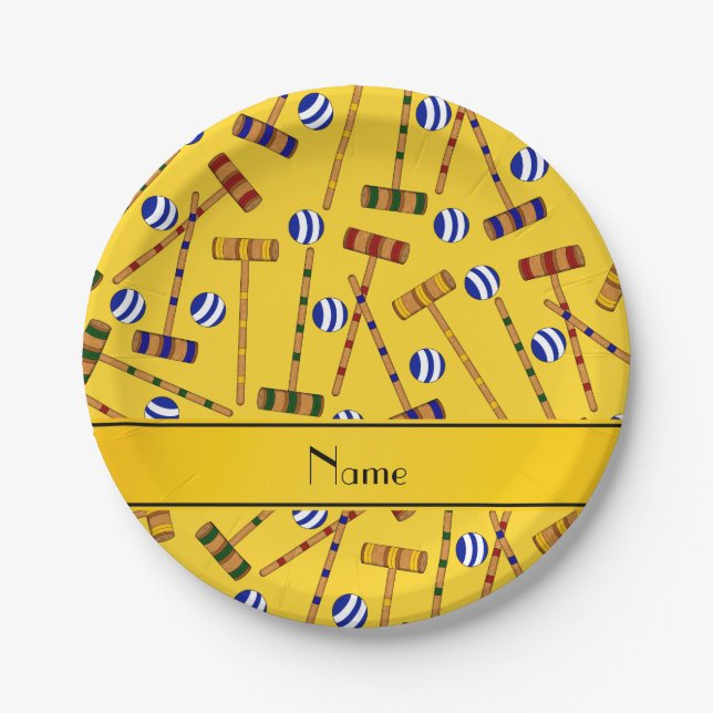 Personalised name yellow croquet pattern paper plate (Front)