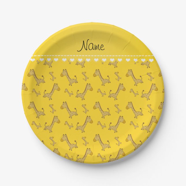 Personalised name yellow giraffes pattern paper plate (Front)