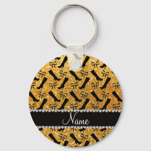 Personalised name yellow glitter boots bows key ring