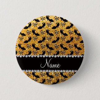 Personalised name yellow glitter fancy shoes bows 6 cm round badge